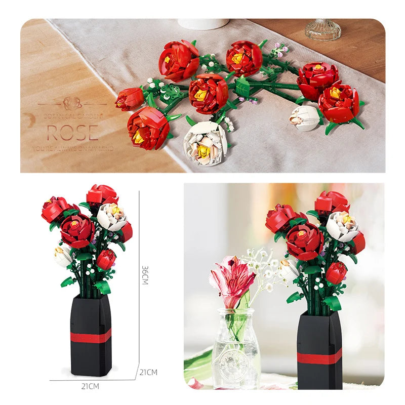 Florero con rosas rojas y blancas de bloques de construcción