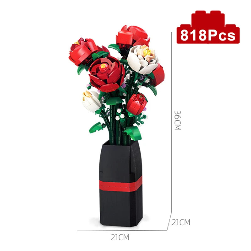 Florero con rosas rojas y blancas   de bloques de construcción