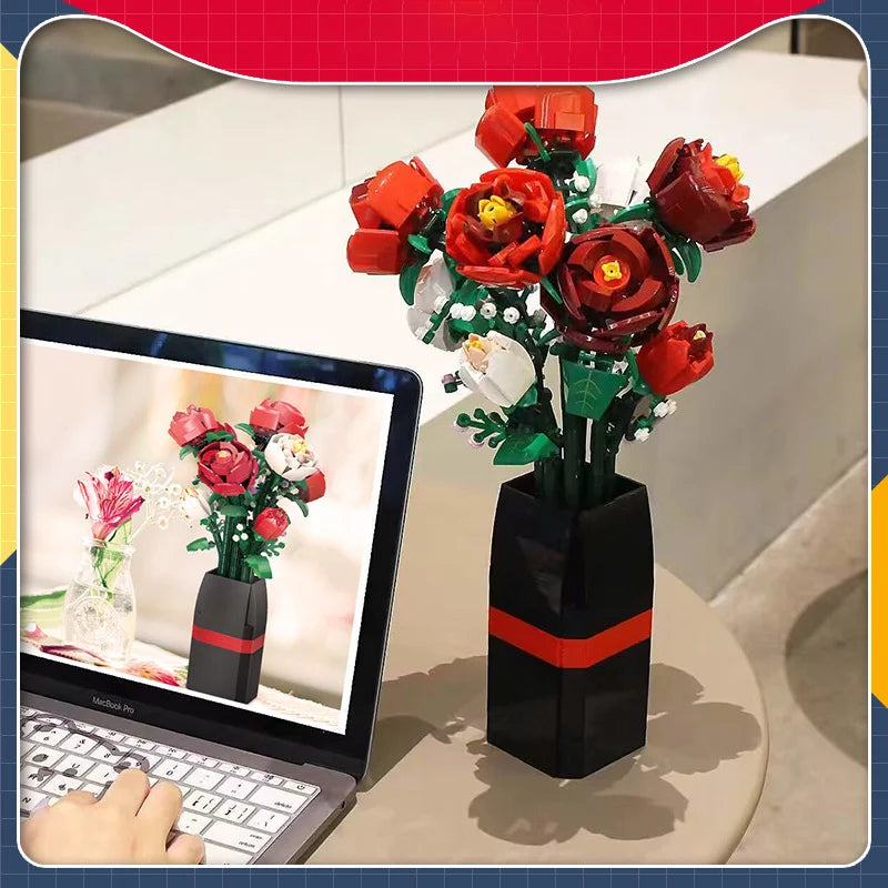 Florero con rosas rojas y blancas   de bloques de construcción