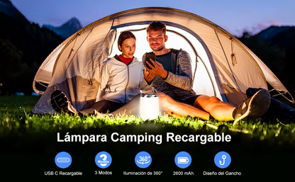 Lámpara de camping, 3 tipos de luz, carga usb